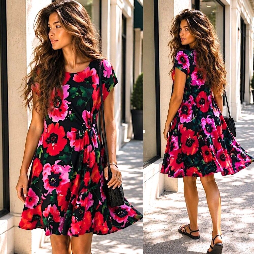 Bold Floral Swing Dress 6 Side Ruche Fit Flare Black USA Robbie Bee Resortwear